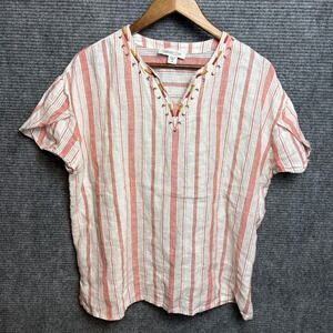 Coldwater Creek Womens Linen Striped Embroidered V-Neck Tunic Blouse Coral White